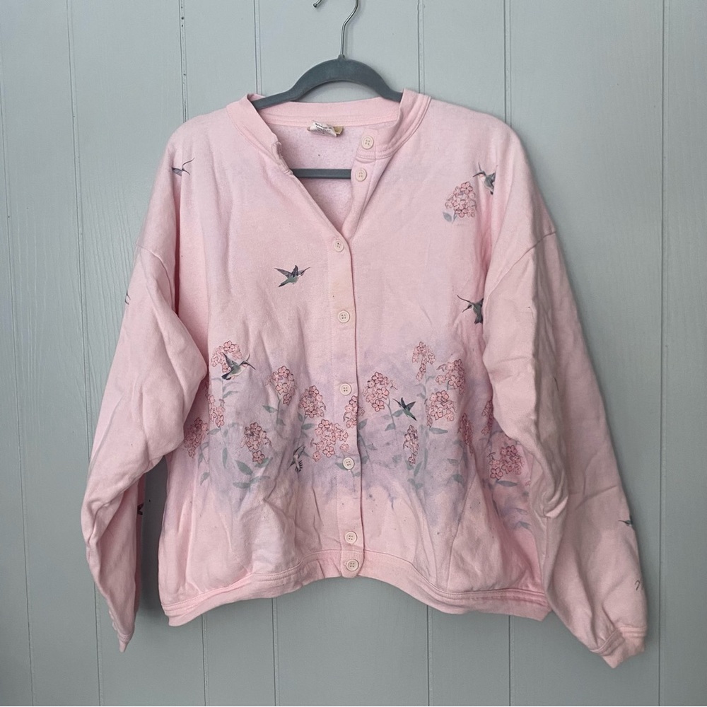 Vintage Powder Pink Floral Nature Women's Button up Sweatshirt